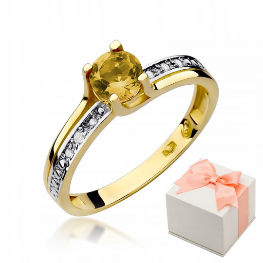 Złoty Pierścionek 585 Zaręczynowy Cytryn Diamenty