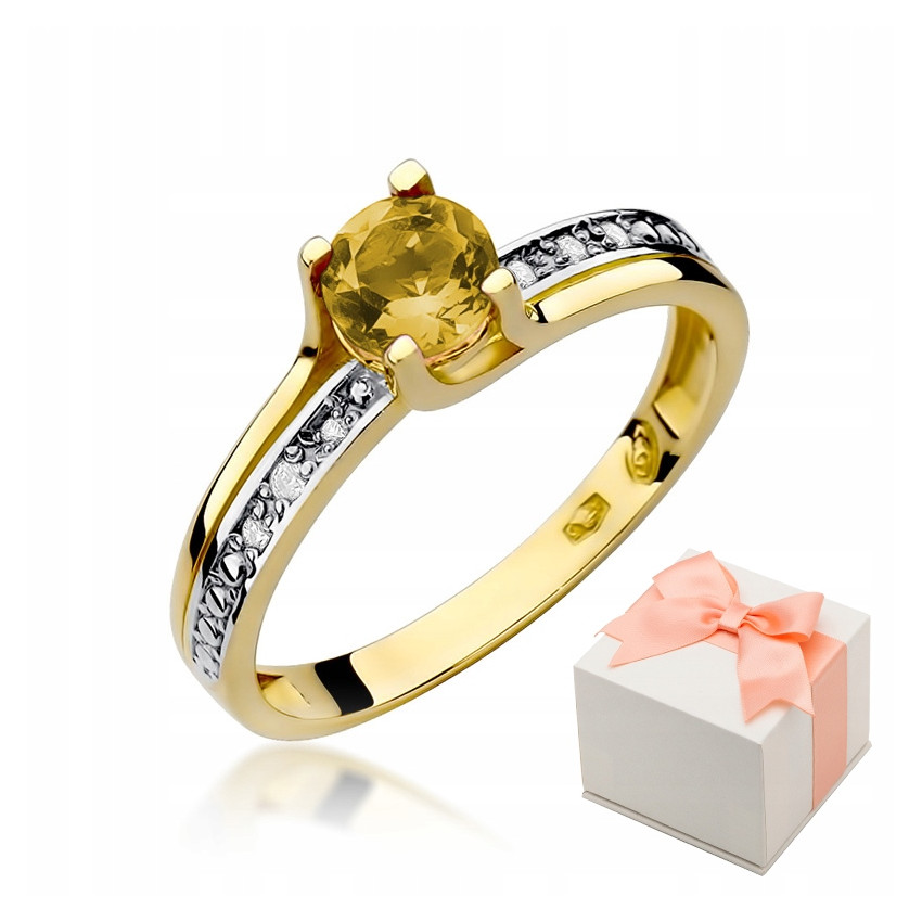 Złoty Pierścionek 585 Zaręczynowy Cytryn Diamenty