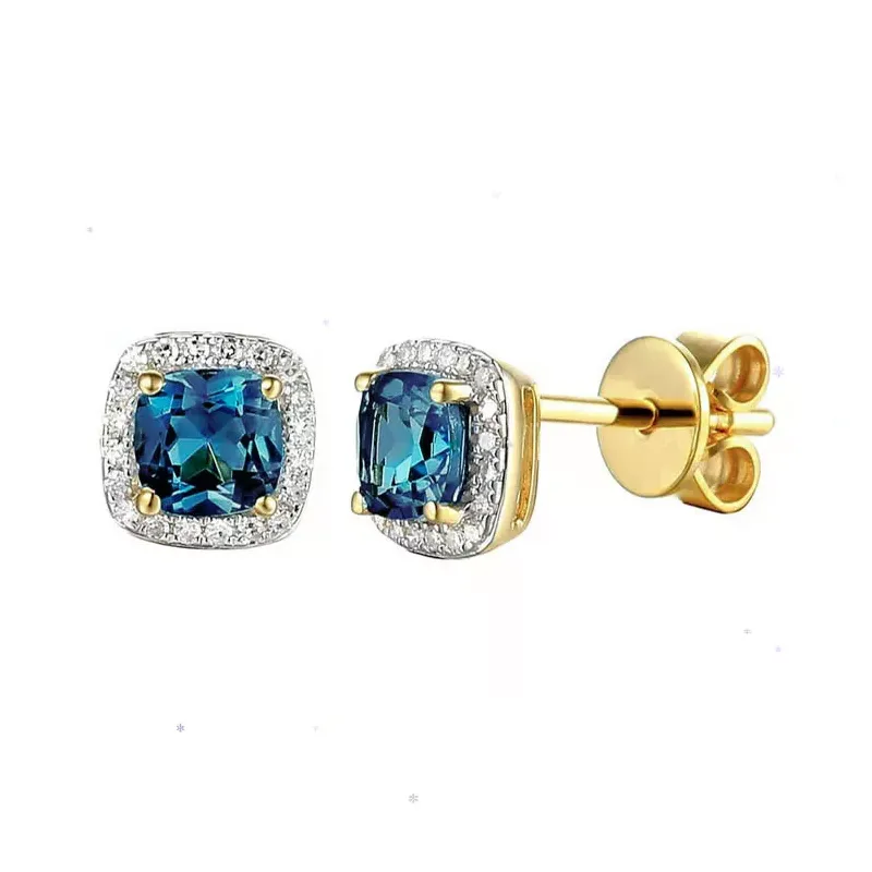 ZŁOTE 585 KOLCZYKI  LONDON BLUE TOPAZ I DIAMENTY  